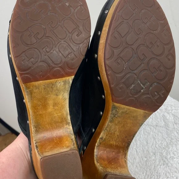 UGG Abbie Sz 9 Wooden Platform Clogs Mules Shoes Black Leather Fur Lined Studded - Picture 11 of 12